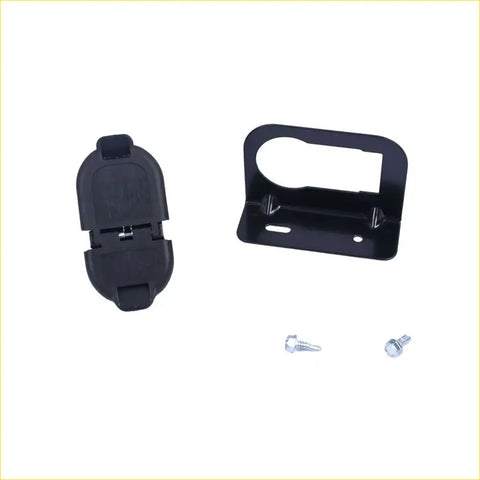 Back side of black plastic and metal rear bumper trailer tow hitch wire harness socket plug with two screws for ford ram