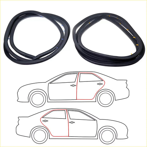 Black rubber rear door inner weatherstrip seals for nissan datsun 230 240c 260c 1971-1975 shown coiled with placement diagrams