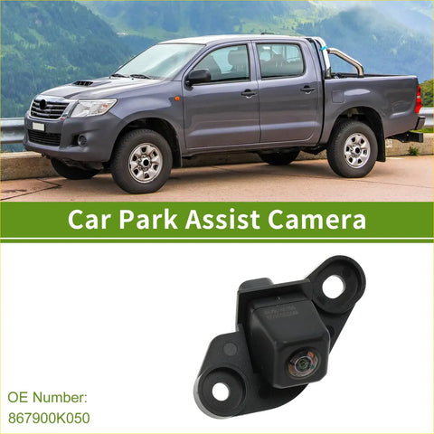 Black plastic rear view backup camera with mounting brackets and lens for toyota hilux 2021-2024 shown from back