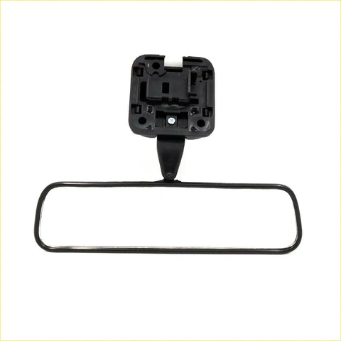 Black plastic rear view mirror for Toyota Hilux 1997-2006 with rectangular reflective surface and adjustable bracket showing back side
