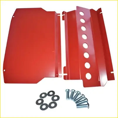 Red metal bash plate set with circular cutouts and hardware for mitsubishi pajero ns nt nw nx underbody guard 2006-2022