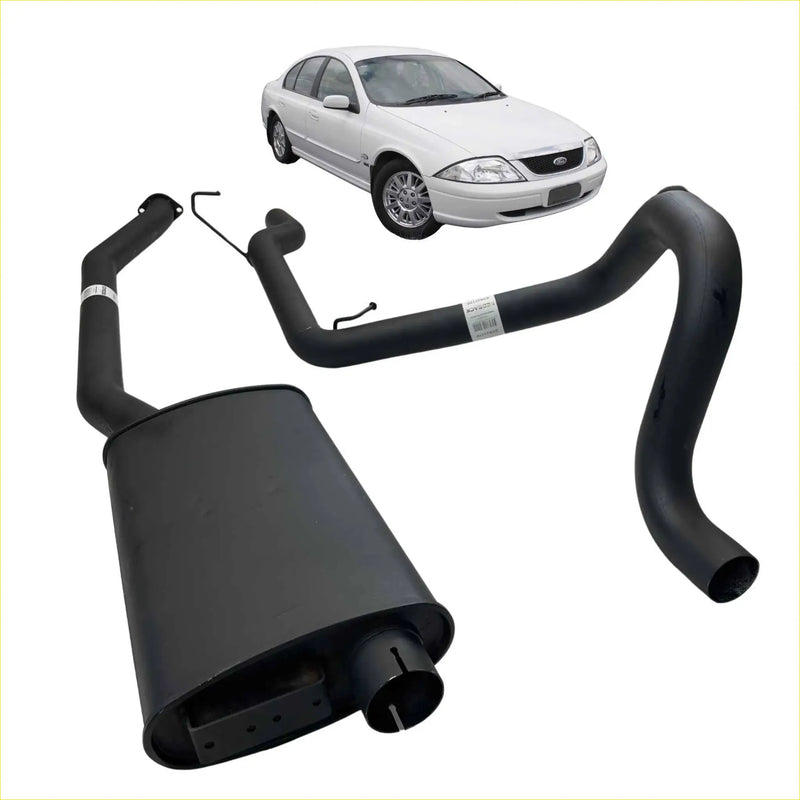 Black redback 2.5 inch cat back sports exhaust with rectangular muffler and curved pipes for ford ea eb ed ef el au back view