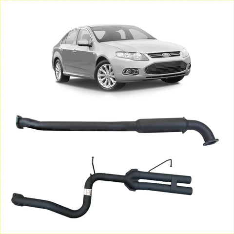 Black aftermarket redback 2.5 inch catback exhaust system shown from back for ford falcon fg sedan with centre pipe