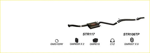 Black redback 2.5 inch catback exhaust with red logo and central resonator housing for holden commodore vs back view