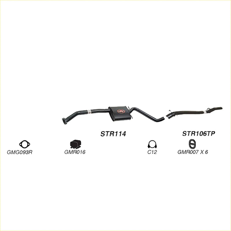 Black Redback 2.5 inch catback exhaust for Holden Statesman with central muffler and red logo visible from back side