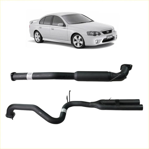 Black redback 2.5 inch catback exhaust with hotdog centre and dual outlet rear on silver ford falcon sedan back view