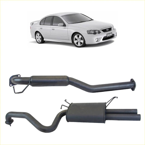 Black redback 2.5 inch catback exhaust with hotdog centre and dual outlet rear on silver ford falcon sedan back side