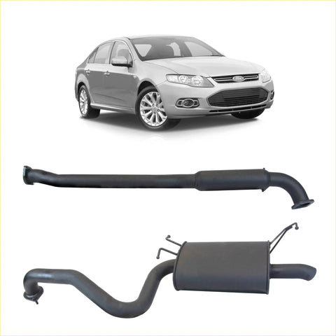 Black redback 2.5 inch catback exhaust with hotdog centre and single outlet shown from the back on a ford sedan