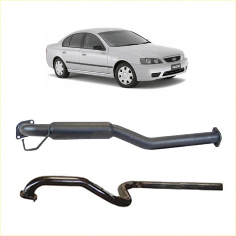 Silver ford falcon sedan shown with black redback 25 inch catback exhaust featuring hotdog centre and single outlet below