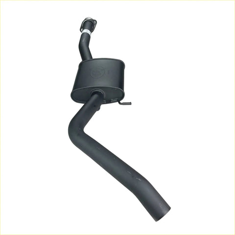 Black metal 2.5 inch redback catback exhaust with rear muffler delete and curved pipes shown from back side