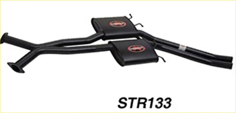 Black dual exhaust system with rectangular mufflers and redback logos for holden commodore rear view