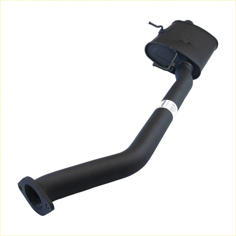 Black metal redback 2.5 inch centre muffler assembly with curved pipe and rectangular muffler for holden vg vn vp vr ute back view
