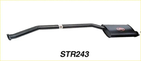 Black metal redback 2.5 inch centre muffler with curved pipe and rectangular red logo end for ford falcon au ute back side