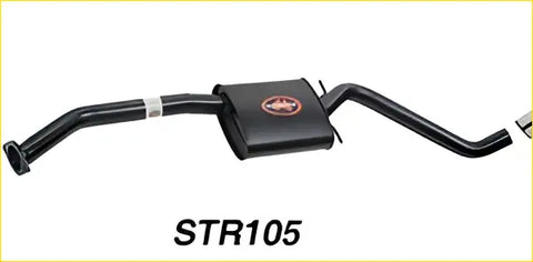 Black exhaust system showing back side with central rectangular muffler and circular logo for redback 2.5 inch holden commodore vp vs
