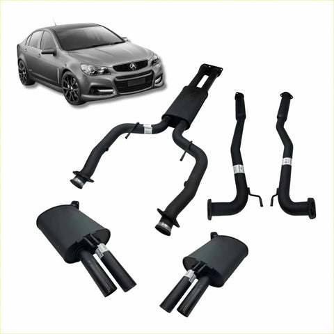 Black redback 2.5 inch dual exhaust system components for holden commodore ve vf sedan and wagon 6l shown from back