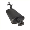 Black cylindrical redback 2.5 inch exhaust muffler with flanged base and curved pipes for 79 series 1hz back side view