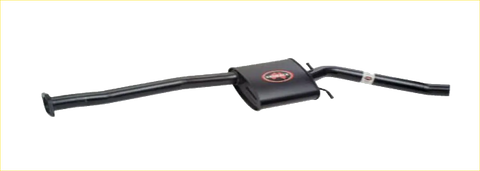 Black carbon fiber handlebar with red circular logo on central black rectangular part for redback 2.5 inch exhaust
