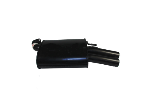 Black cylindrical glossy redback 2.5 inch performance left rear muffler with dual outlet pipes for holden commodore ve viewed from back