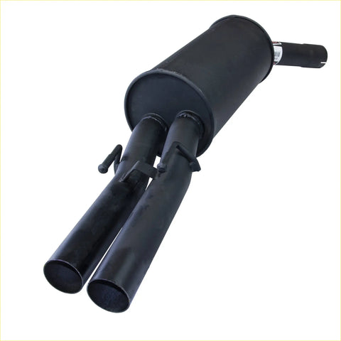 Black dual-exhaust muffler with cylindrical body and two pipes shown from the back for holden commodore vt