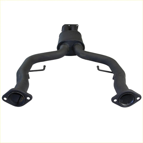 Black metal exhaust manifold with flanged ends and dual pipes for redback 3 inch dual exhaust on holden commodore ve vf
