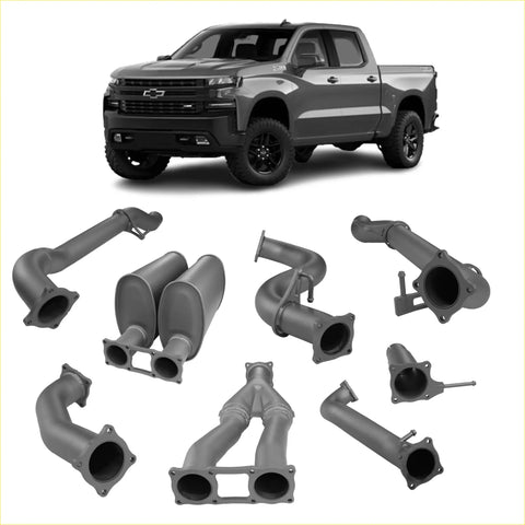 Gray metallic exhaust system components from the back side for redback 4x4 exhaust system chevrolet silverado 1500