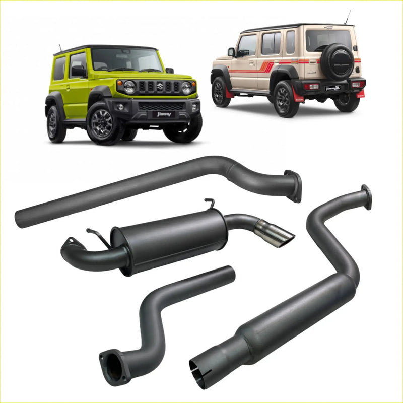 Black Redback 4x4 aftermarket exhaust system components for Suzuki Jimny 3 and 5 door back side view