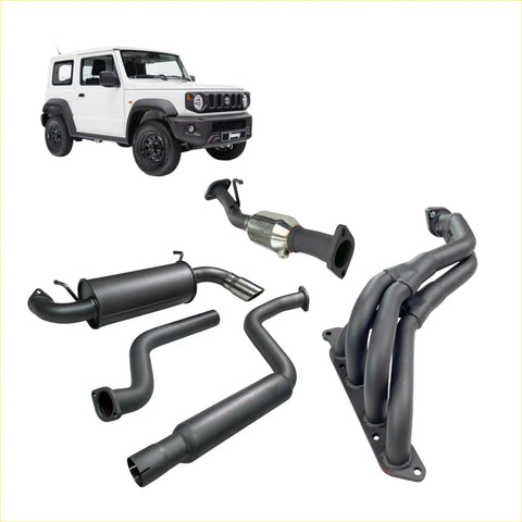 Black aftermarket Redback 4x4 exhaust system components for white Suzuki Jimny 3 door models back side view