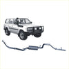 Silver and black aftermarket extreme duty exhaust system for toyota land cruiser 70 series shown from the back side