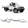 Silver metallic twin exhaust system for toyota land cruiser 70 series shown from the back side by redback 4x4