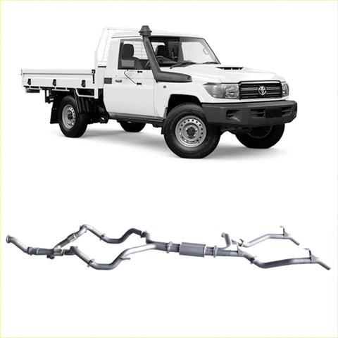 Silver metallic twin exhaust system for toyota land cruiser 70 series shown from the back side by redback 4x4