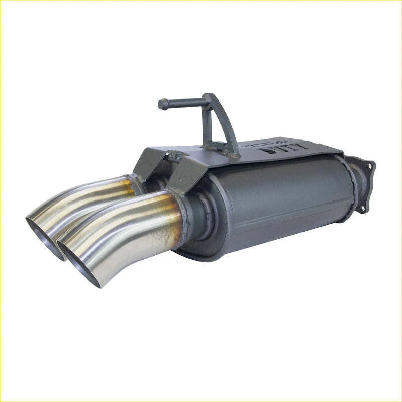 Dual-exhaust redback 4x4 muffler with polished stainless steel tips and gray metallic body for toyota landcruiser back side