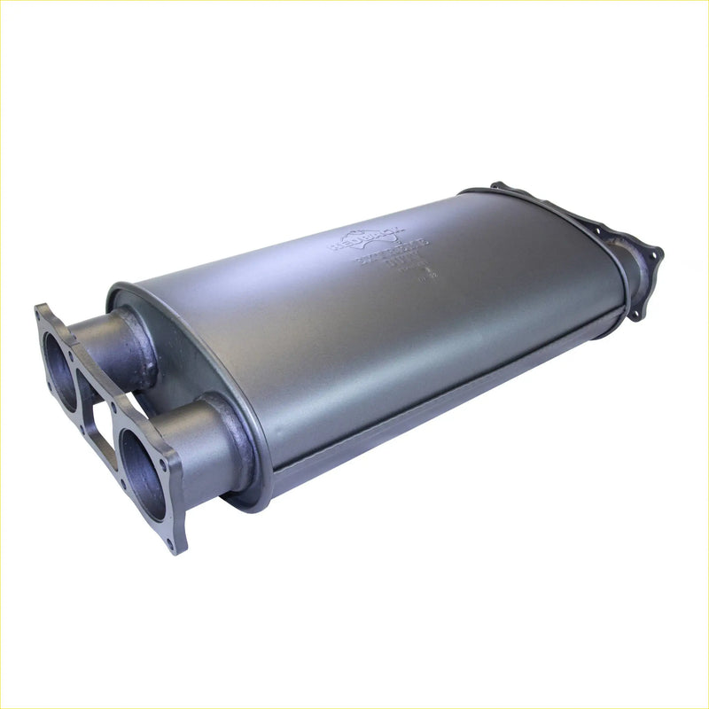 Gray metallic redback 4x4 muffler with dual inlet and outlet pipes for toyota landcruiser 09/2007 back side view