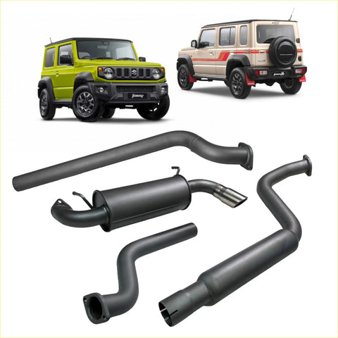 Black aftermarket exhaust system components for redback 4x4 performance Suzuki Jimny from 07/2018 back view