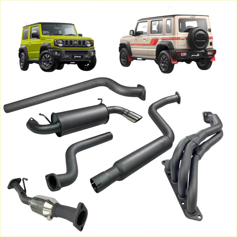 Black aftermarket exhaust system components for suzuki jimny redback 4x4 performance system back view