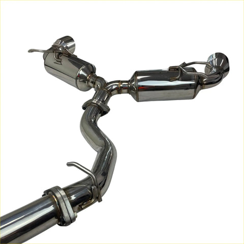 Shiny chrome stainless steel redback catback exhaust with dual tubes and integrated catalytic converters for toyota 86 and subaru brz
