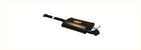 Black metal redback centre muffler with red and white logo for ford territory 2004 to 2011 shown from back side