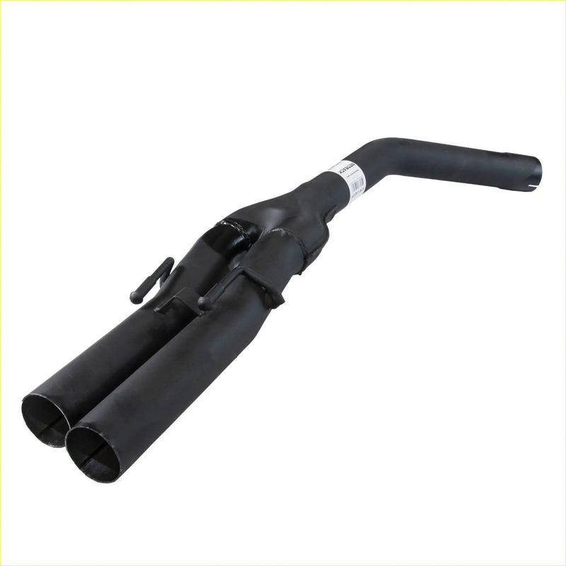 Back side view of black matte finished redback dual 2.5 inch exhaust pipes with welded joints for holden commodore v6