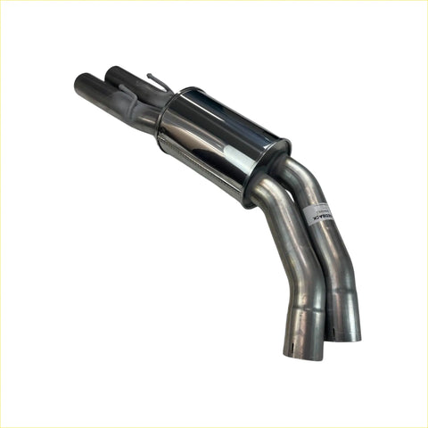 Back view of shiny chrome redback dual 3 inch 409 rear muffler with resonator and angled tailpipes for vt vx vy vz v8 sedan