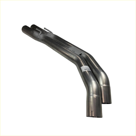 Shiny metallic redback dual 3 inch 409 rear tail pipe with sleek curved design and polished finish from back side