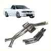 Shiny chrome redback dual 3 inch catback exhaust with rear muffler on back of white holden utility vehicle