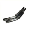 Black and silver redback dual 3 inch catback exhaust with rear muffler showing sleek polished metallic finish back side