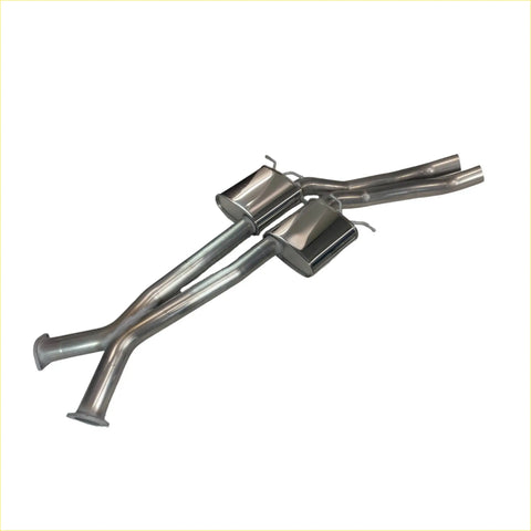 Back view of shiny chrome redback dual 3 inch catback exhaust with dual cylindrical mufflers and curved piping for holden