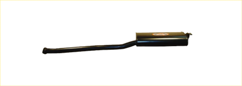 Black metallic redback exhaust 2.5 inch system showing back side with cylindrical muffler and curved tailpipe