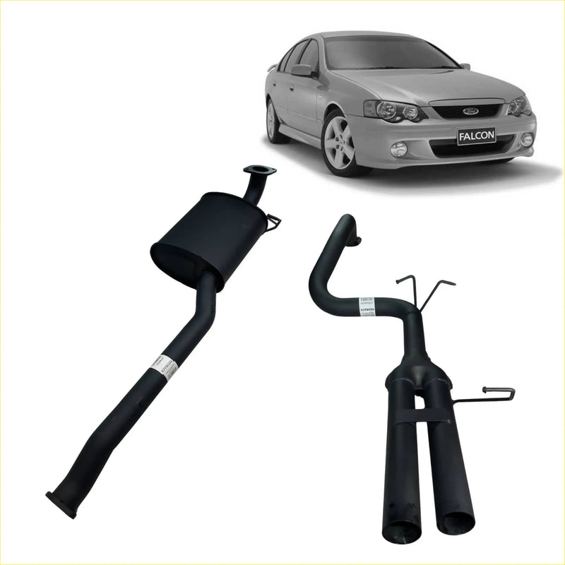 Black redback exhaust system components for ford falcon ba bf sedan 25 inch catback with centre shown from back side