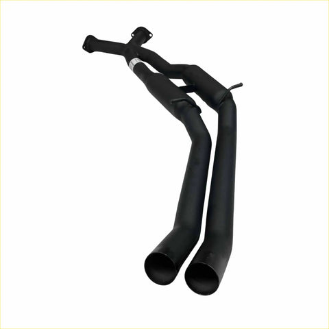 Black dual-exhaust system with matte finish and curved pipes shown from the back for redback exhaust holden commodore v8 v6
