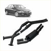 Black aftermarket Redback exhaust system for Holden Berlina sedan shown from the back side for Commodore V8 V6