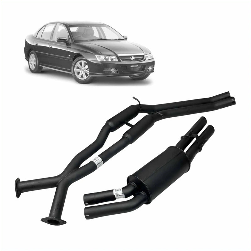 Black aftermarket Redback exhaust system for Holden Berlina sedan shown from the back side for Commodore V8 V6