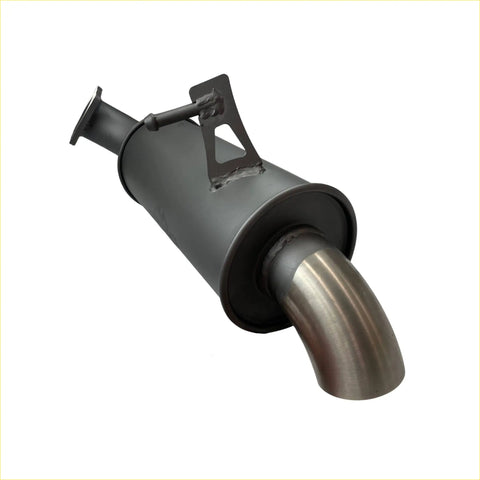 Black cylindrical exhaust muffler with polished stainless steel outlet and welded bracket for redback y62 patrol