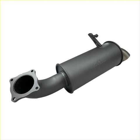 Black cylindrical metal exhaust system with flanged inlet and tapered outlet for redback extreme duty 6 round resonator replacement