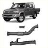 Dark gray toyota land cruiser pickup truck with black redback extreme duty exhaust dpf adaptor kit shown from below
